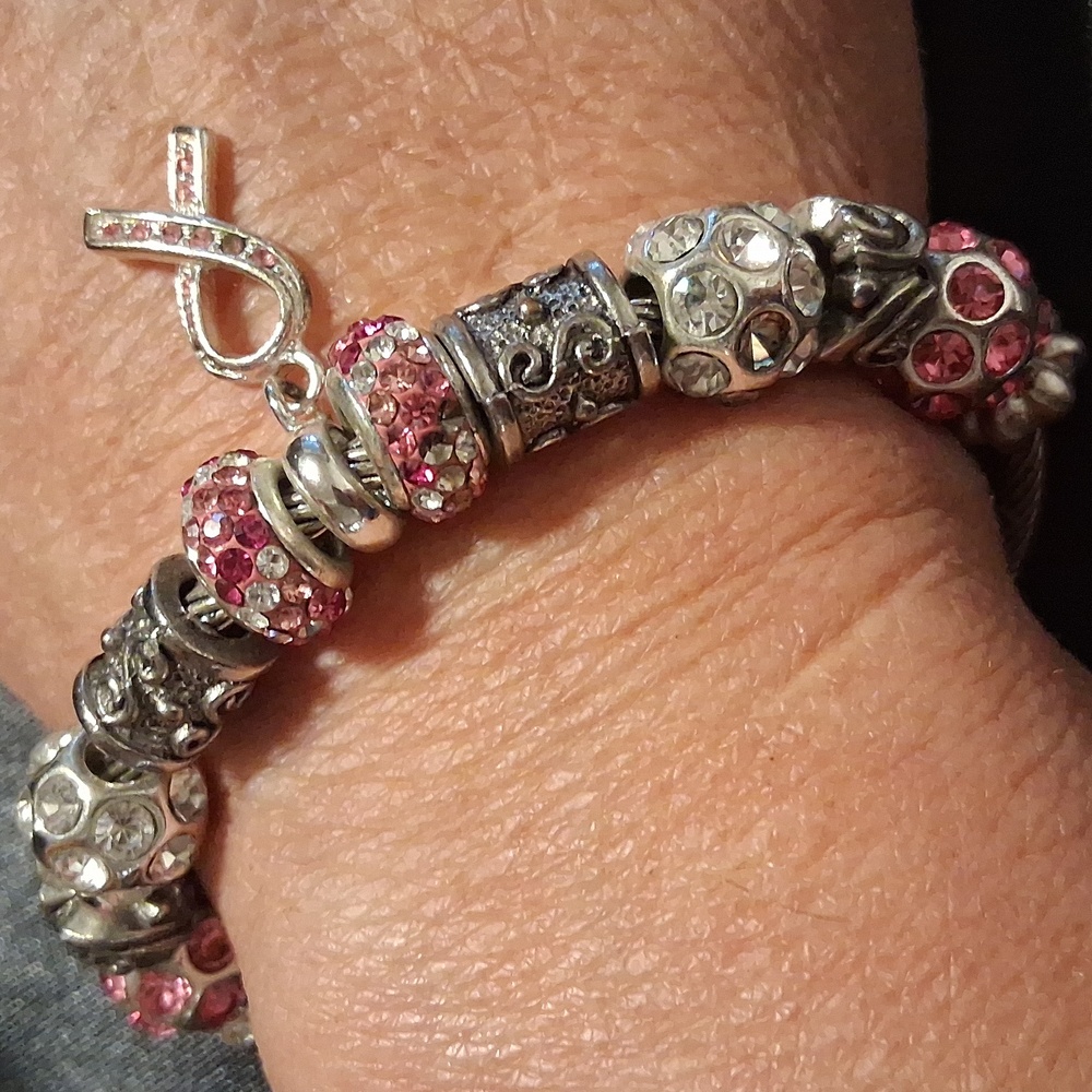 Elegant Silver and Pink Charm Bracelet Adjustiable Cable Bracelet. Breast Cancer